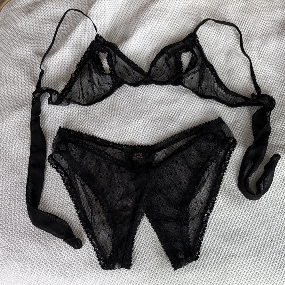 Only Hearts Sheer Black Polka Dot Lace Bralette & Bikini Set Large